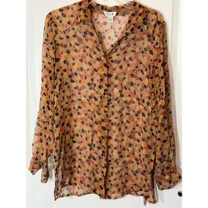 S.L.B. Womens Small 100% Silk Geometric Mosaic Print Button Down Blouse Orange